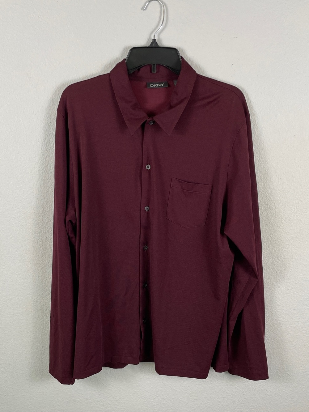 DKNY Men's Button-Down Cotton Blend Shirt Burgundy Y2K Straight Hem Pocket XL